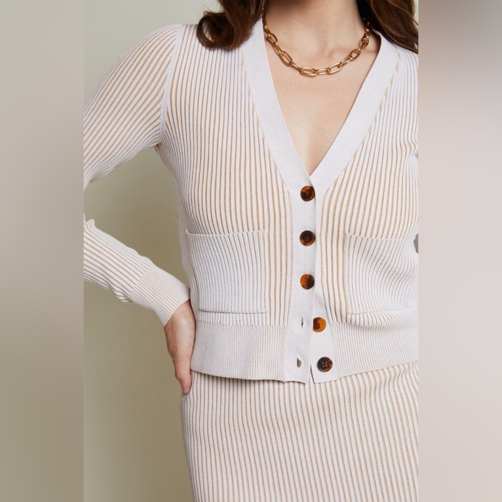 Anine Bing Layla Ribbed Button Cardigan Ivory/Camel